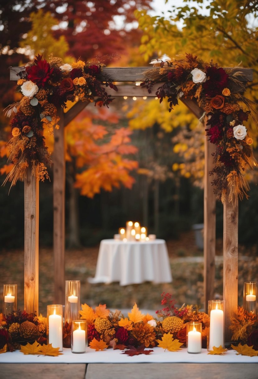 A cozy outdoor wedding with a warm color palette of deep reds, oranges, and yellows. Rustic wooden decor, autumn leaves, and soft candlelight create a romantic atmosphere