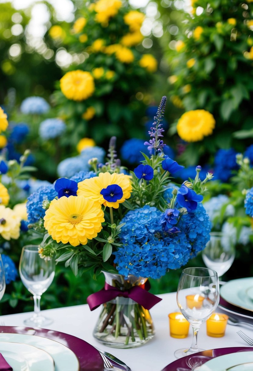 A lush garden with blue and yellow flowers, accented by burgundy ribbons and table decor