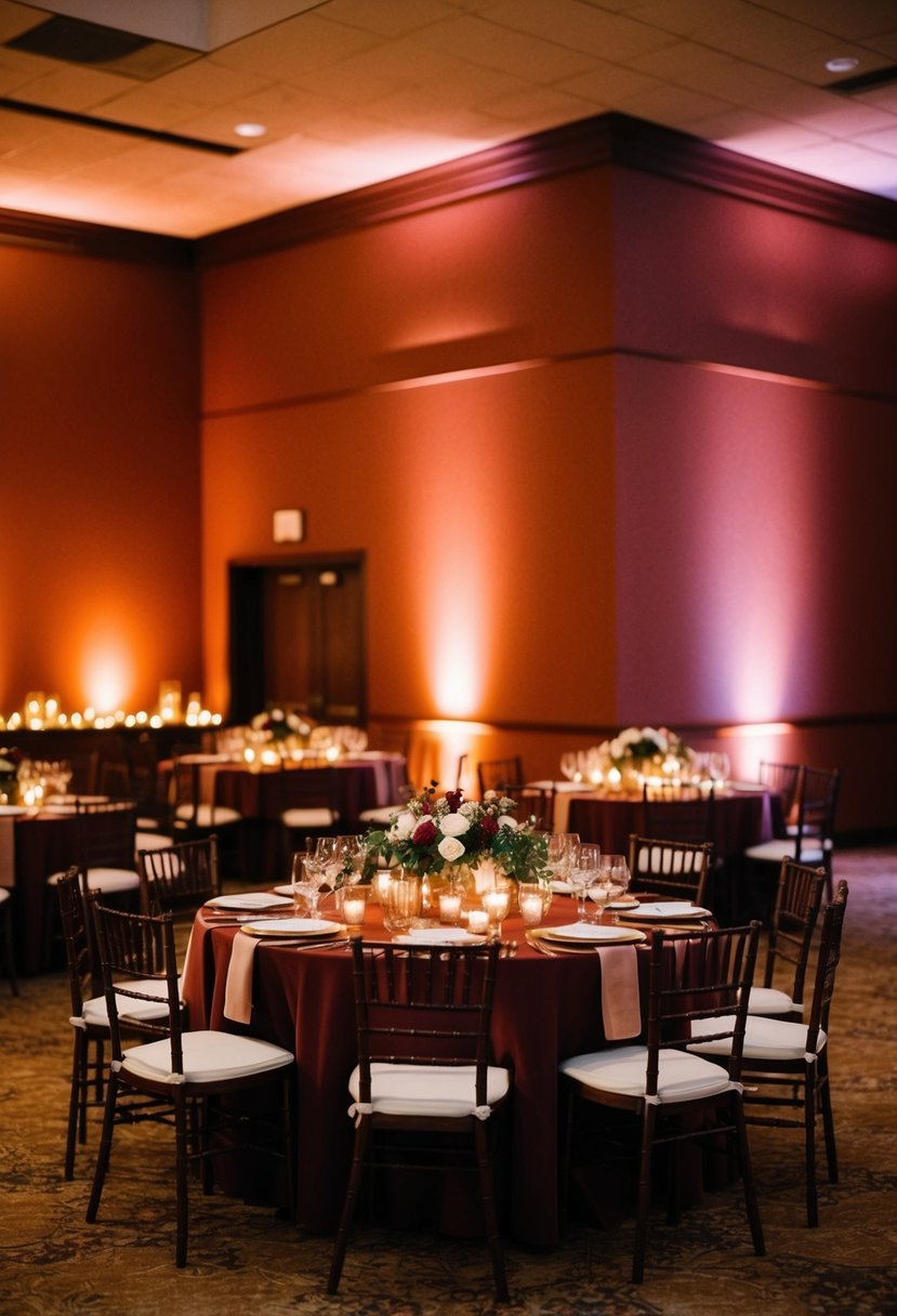 Warm light bathes the reception hall in rust orange and burgundy hues, casting a cozy and inviting atmosphere for a wedding celebration