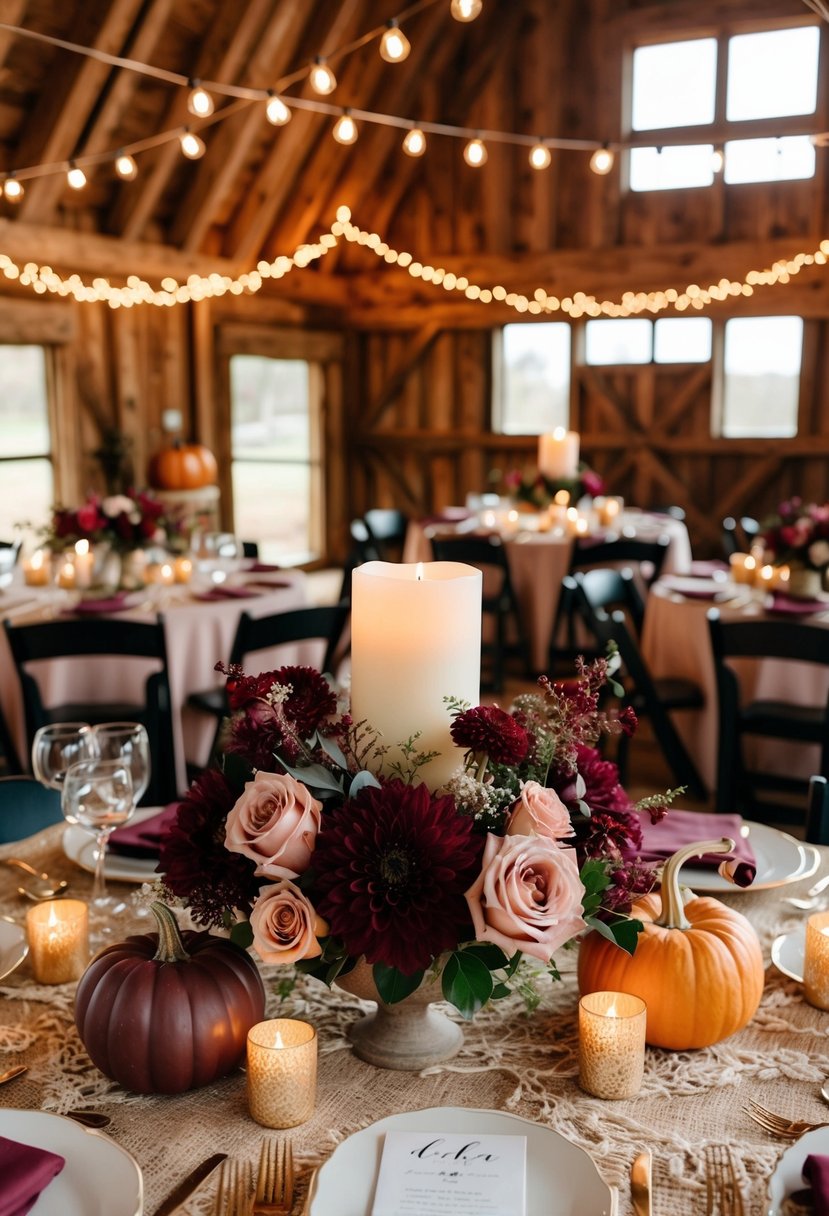 A cozy barn adorned with burgundy and blush flowers, pumpkins, and candles for a rustic fall wedding