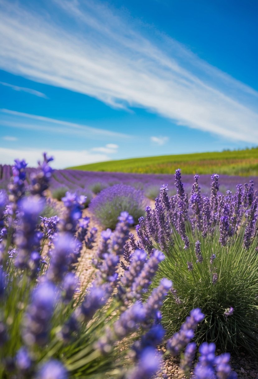 A clear blue sky with wispy clouds, surrounded by blooming lavender fields and delicate spring flowers in shades of sky blue and lavender