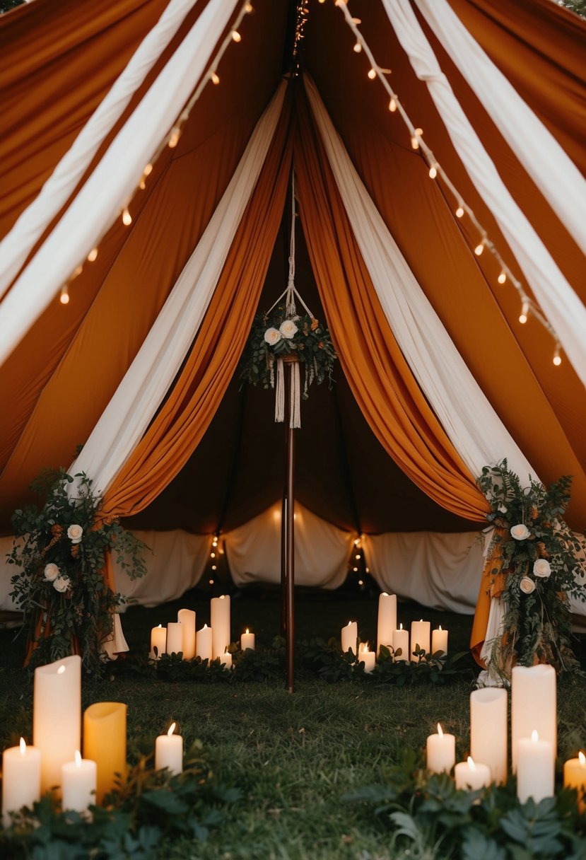 A bohemian tent adorned in burnt orange fabric, draped with ethereal white curtains, surrounded by flickering candles and lush greenery