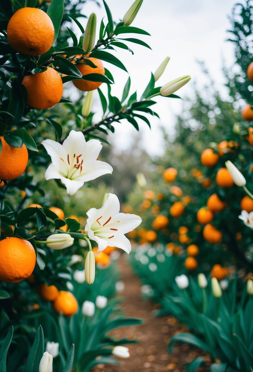 A blooming orange orchard with white lilies and tulips