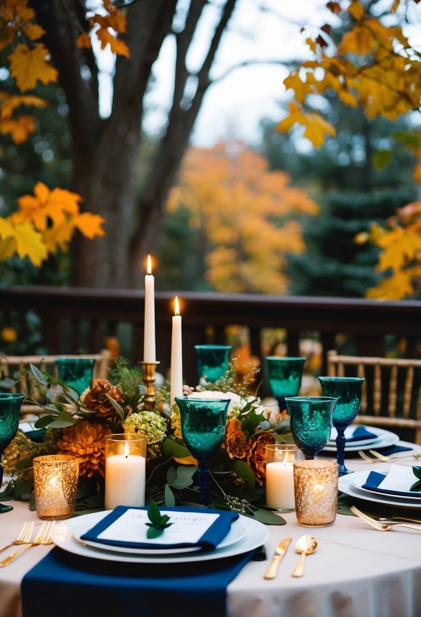 A cozy outdoor wedding with emerald green and navy blue decor, surrounded by autumn foliage and warm candlelight