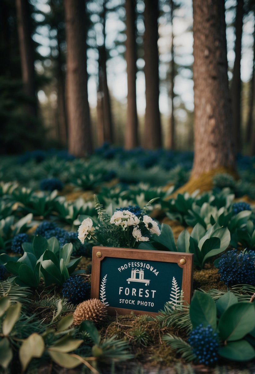 A cozy forest clearing with deep green foliage and touches of dark blue in the form of wildflowers and rustic decor