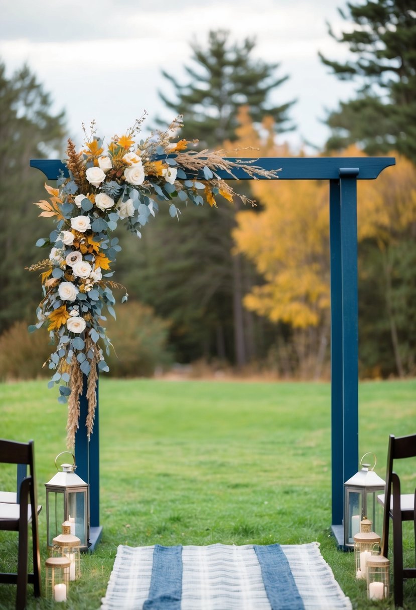 A cozy outdoor wedding with dusty blue and navy accents: a wooden arch adorned with autumn foliage, vintage lanterns, and a rustic floral arrangement