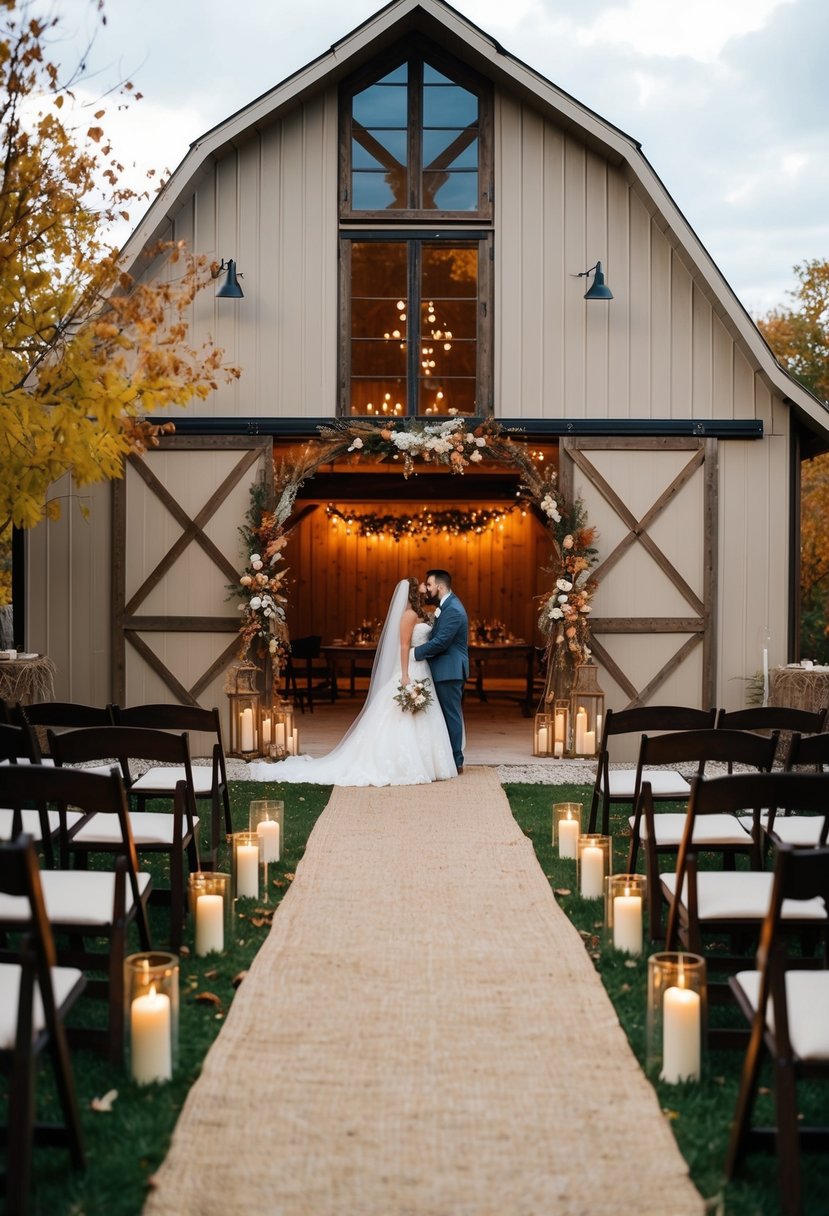 A cozy outdoor wedding set in a rustic barn with taupe and cream decor, surrounded by autumn foliage and warm candlelight