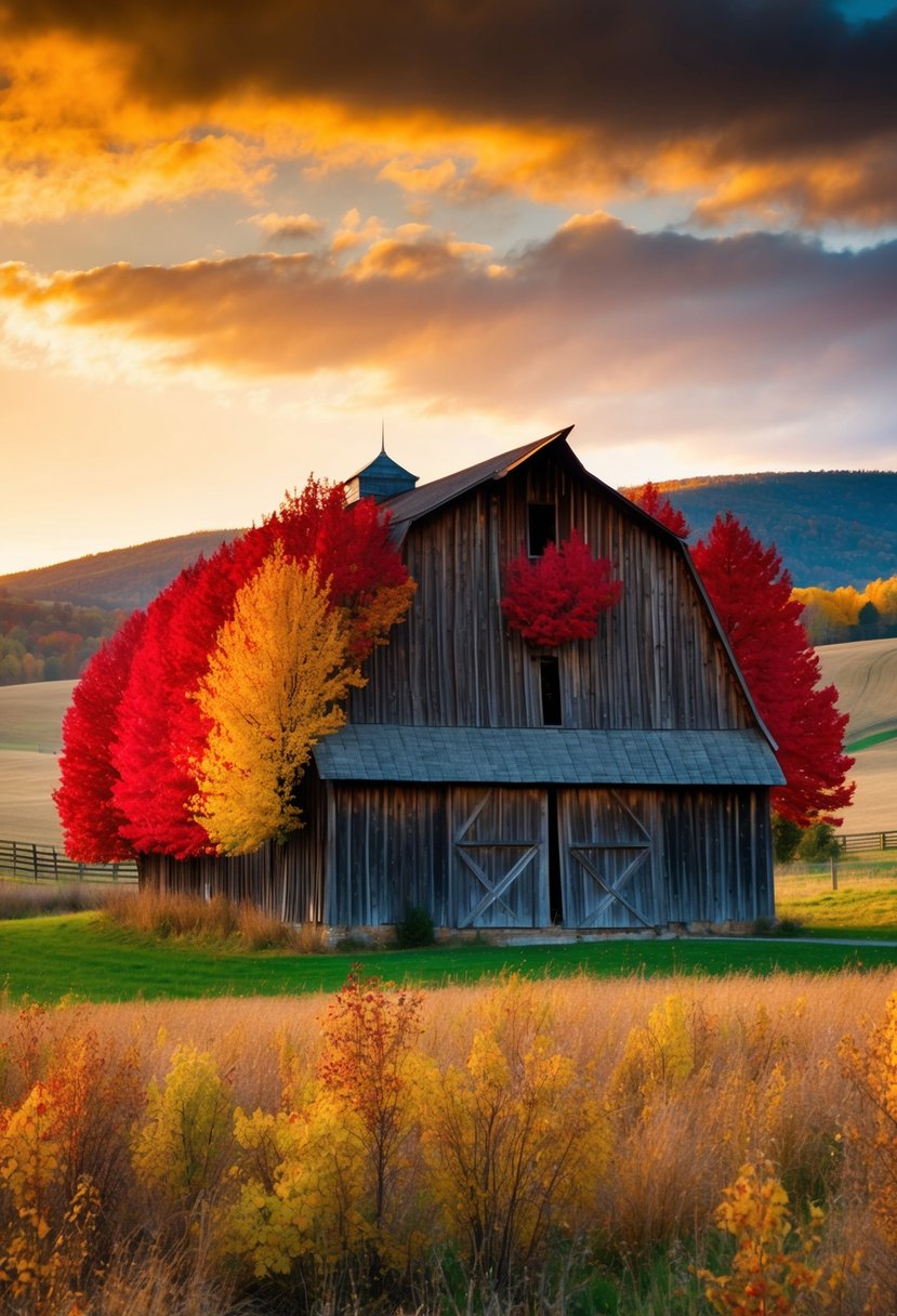 A rustic barn adorned with ruby red and gold autumn leaves, set against a backdrop of rolling hills and a golden sunset