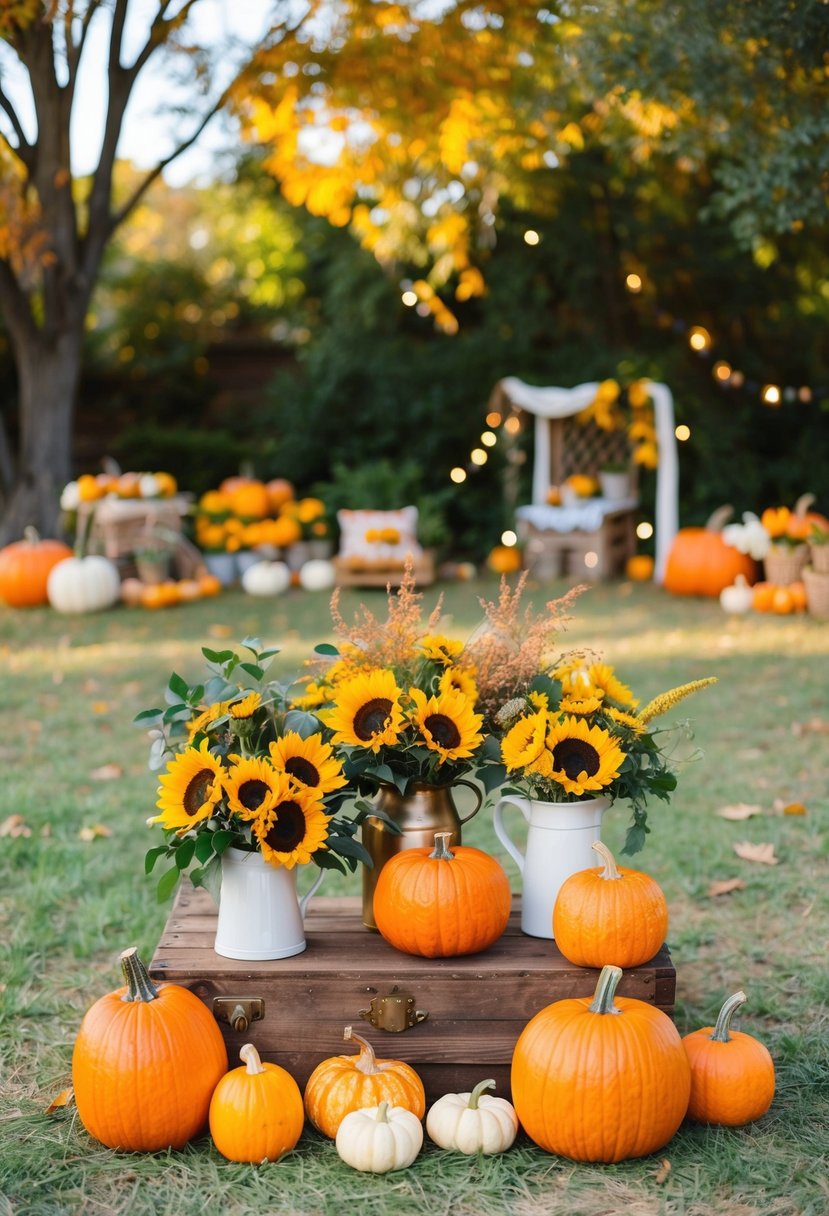 A rustic outdoor wedding setting with tangerine and yellow accents: pumpkins, sunflowers, fall foliage, and vintage decor