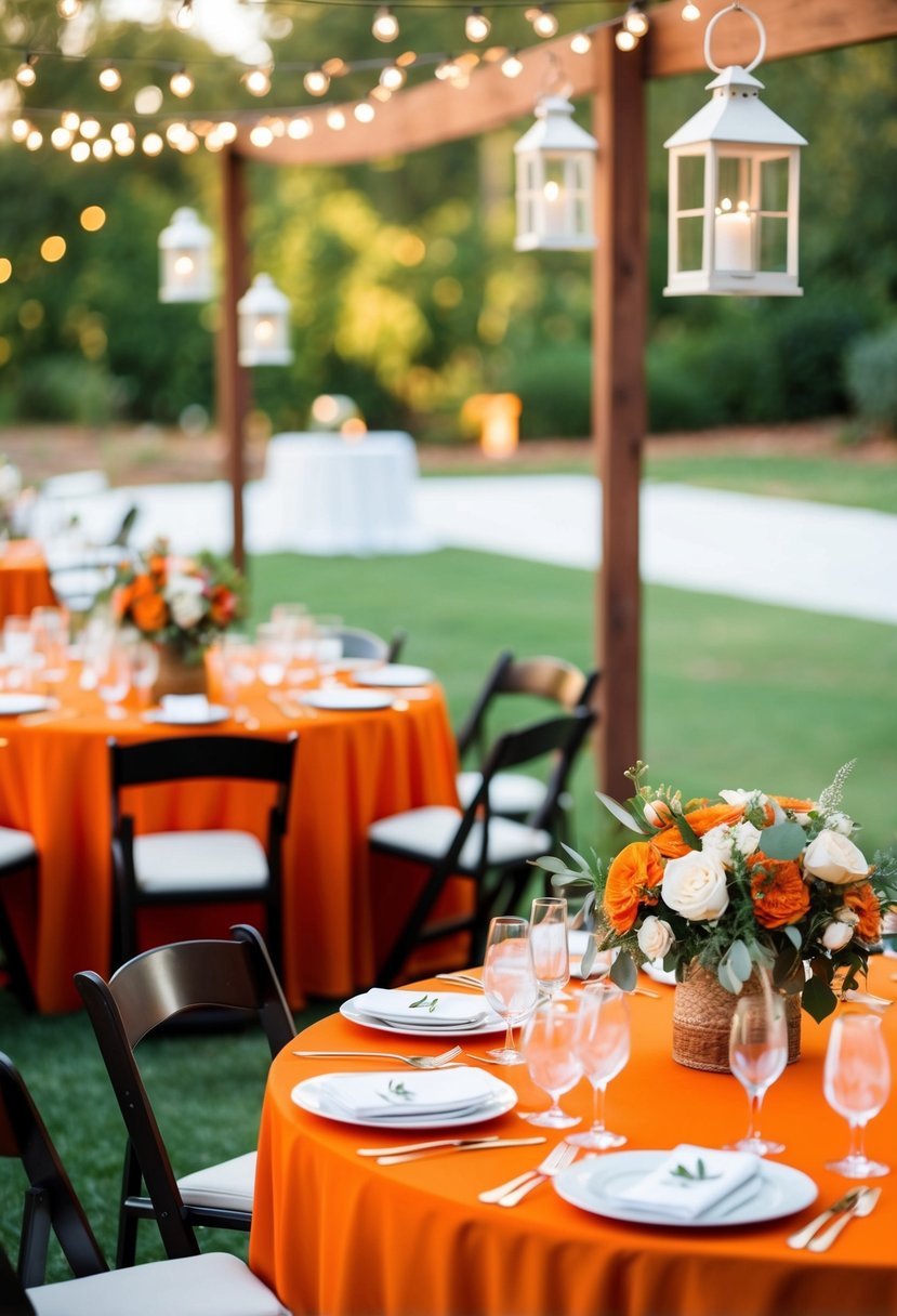 An outdoor wedding reception with orange table linens, floral centerpieces, and hanging lanterns