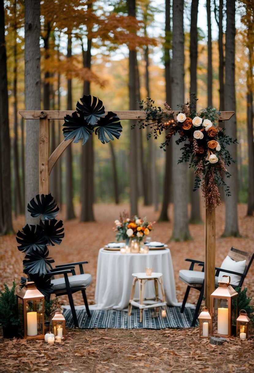 A forest clearing with black and copper leaves, a rustic wooden arch adorned with fall flowers and foliage, and a cozy seating area with copper lanterns