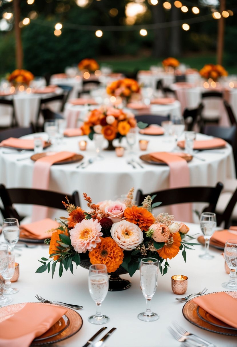 An elegant wedding table adorned with burnt orange and blush pink floral centerpieces and matching table linens