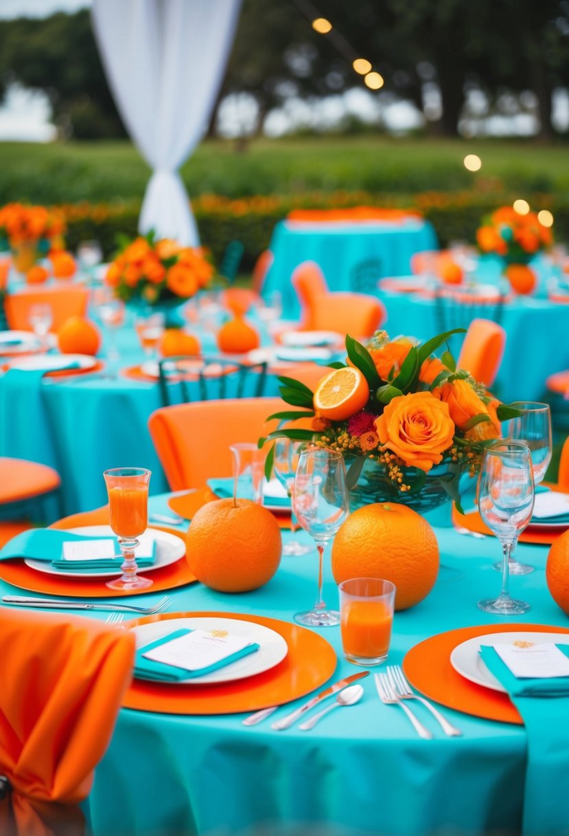 A vibrant orange and aqua wedding table setting with citrus centerpieces and turquoise linens