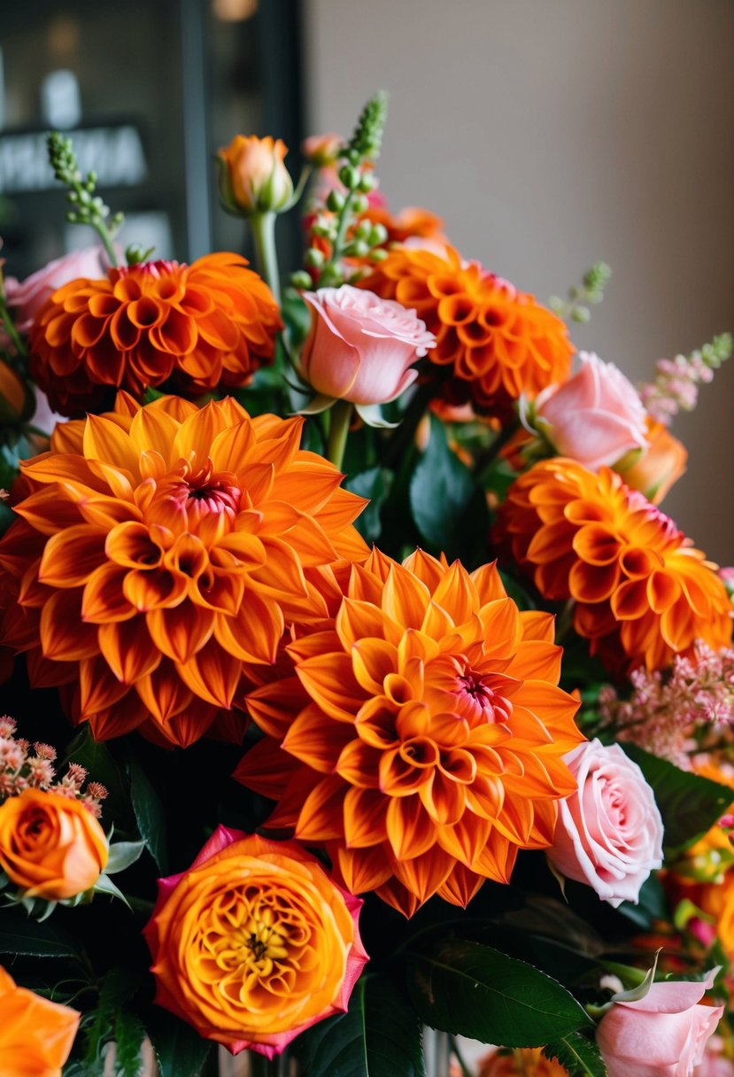 A vibrant bouquet of burnt orange dahlias and blush pink roses, arranged in a bold and elegant display