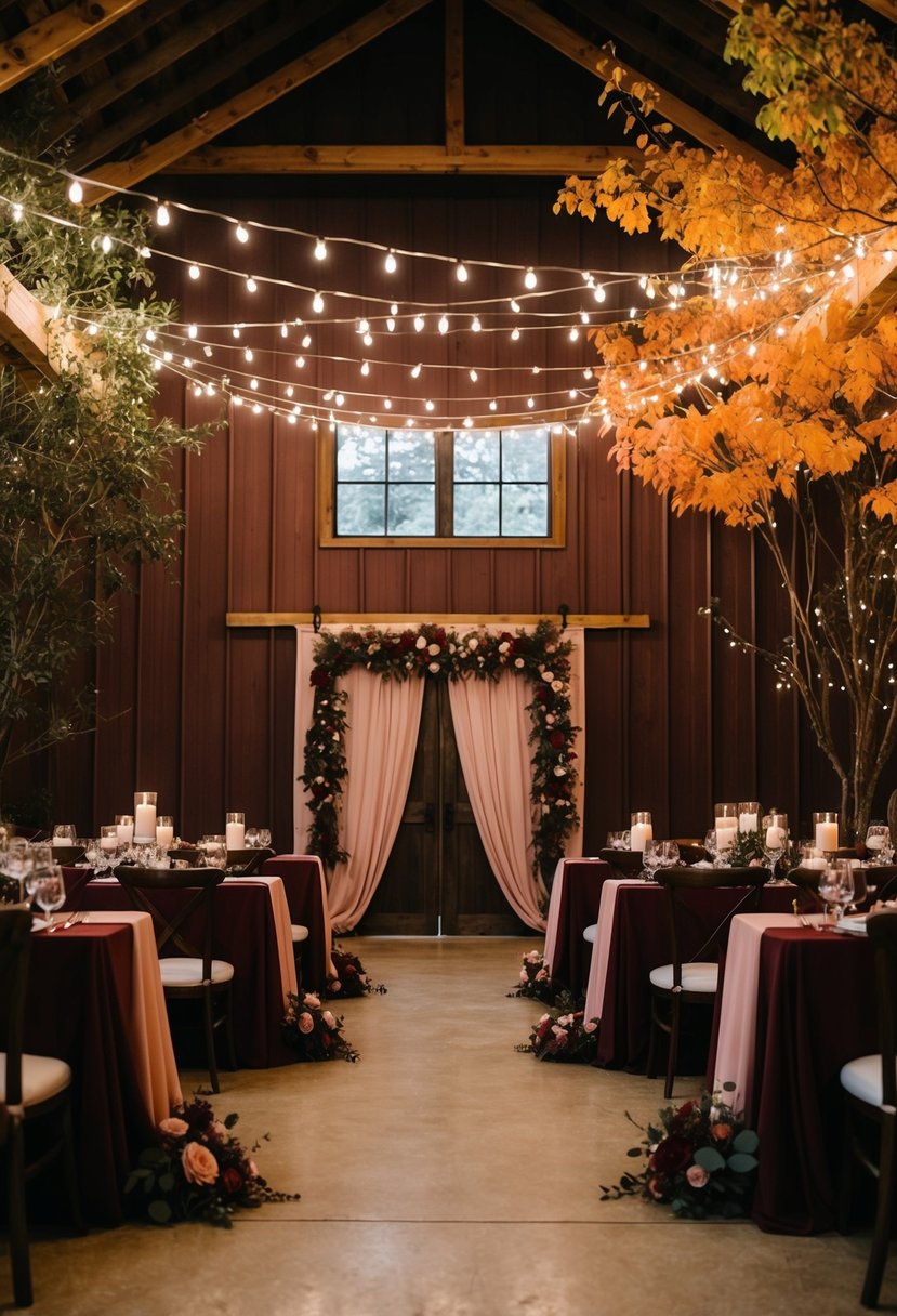 A cozy barn wedding with rich burgundy and soft blush decor, surrounded by autumn foliage and twinkling string lights