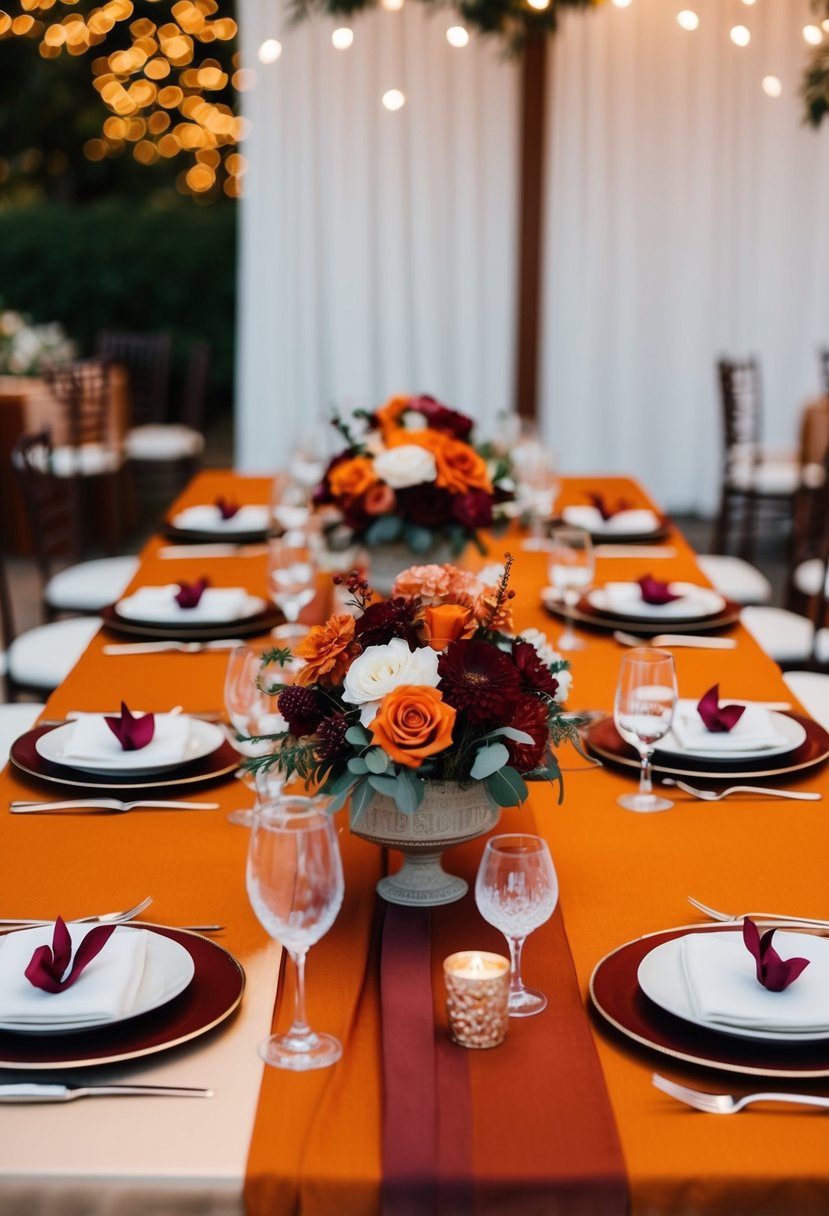 A burnt orange and burgundy wedding table setting with elegant floral centerpieces and matching place settings