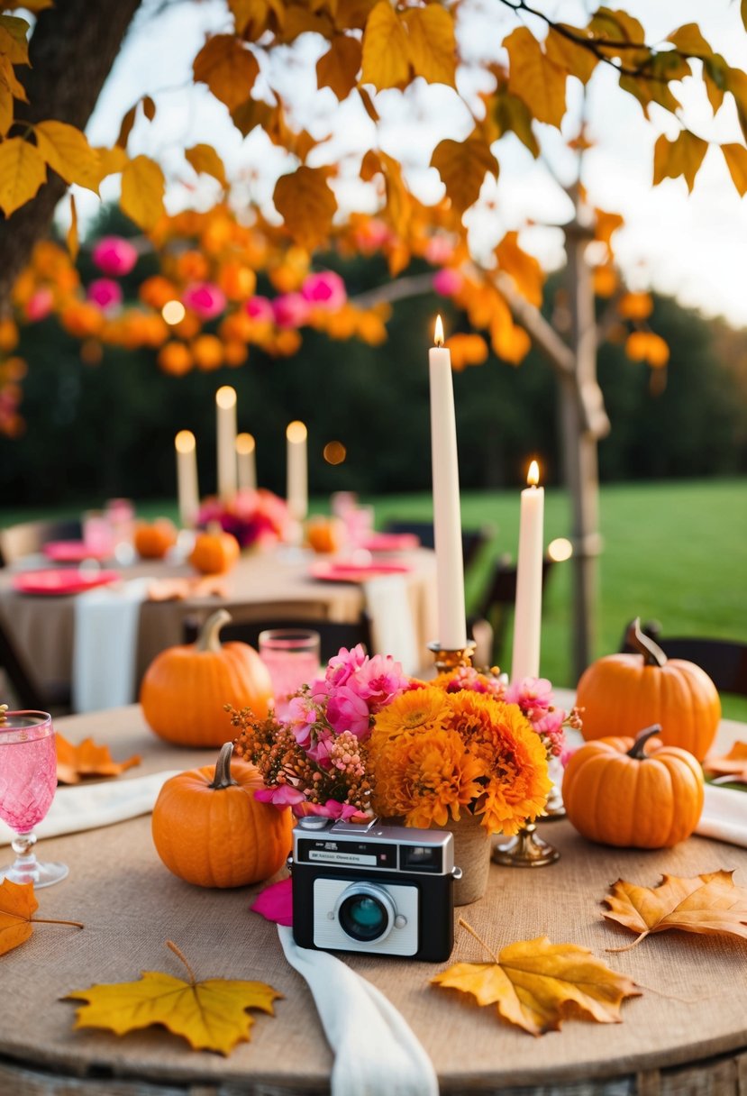 A rustic wedding scene with orange and pink decor, autumn leaves, and a cozy outdoor setting