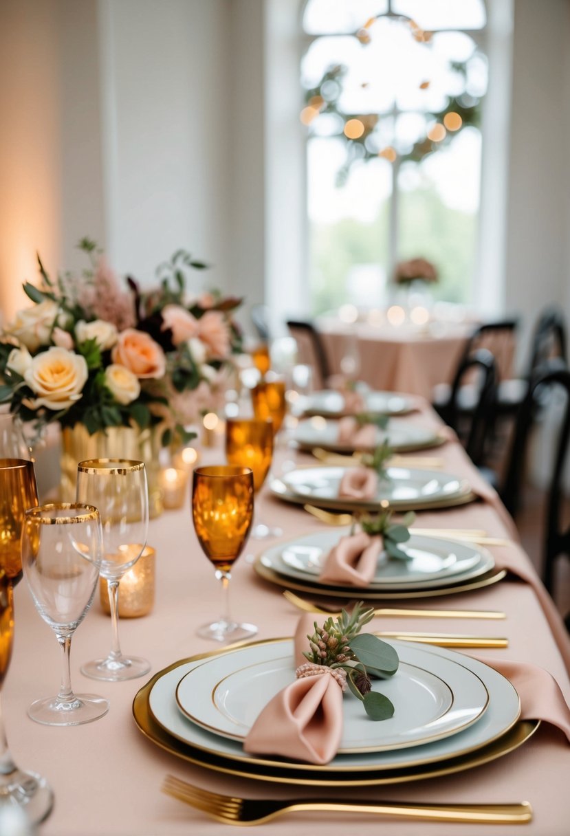 An elegant table setting with gold highlights, burnt orange, and blush pink accents for a wedding