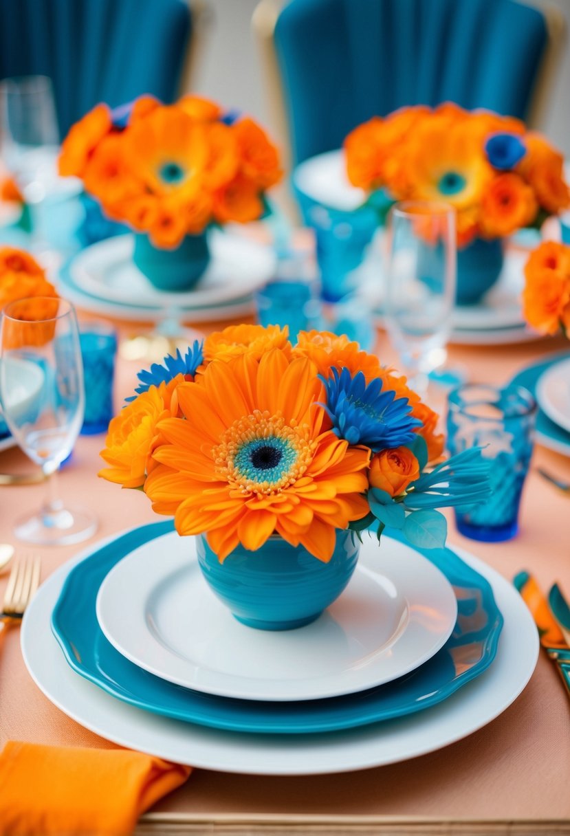 A vibrant tangerine and teal fusion color palette, with bold orange and blue accents in a wedding setting