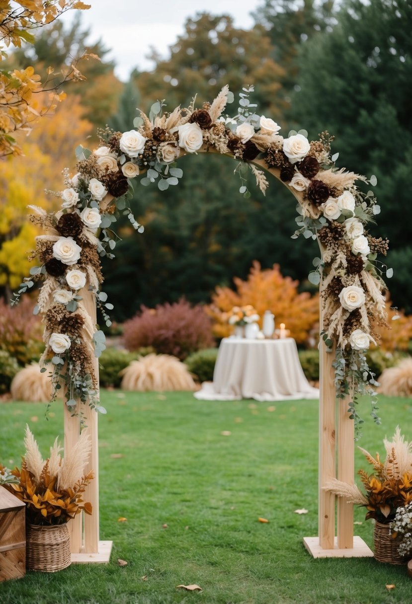 A cozy outdoor setting with a wooden arch adorned with ivory and brown flowers, surrounded by autumn foliage and rustic decor