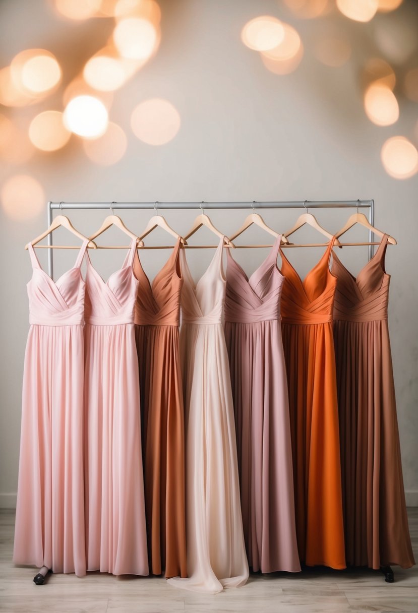 A line of bridesmaid dresses in blush pink and burnt orange, displayed against a soft, romantic background