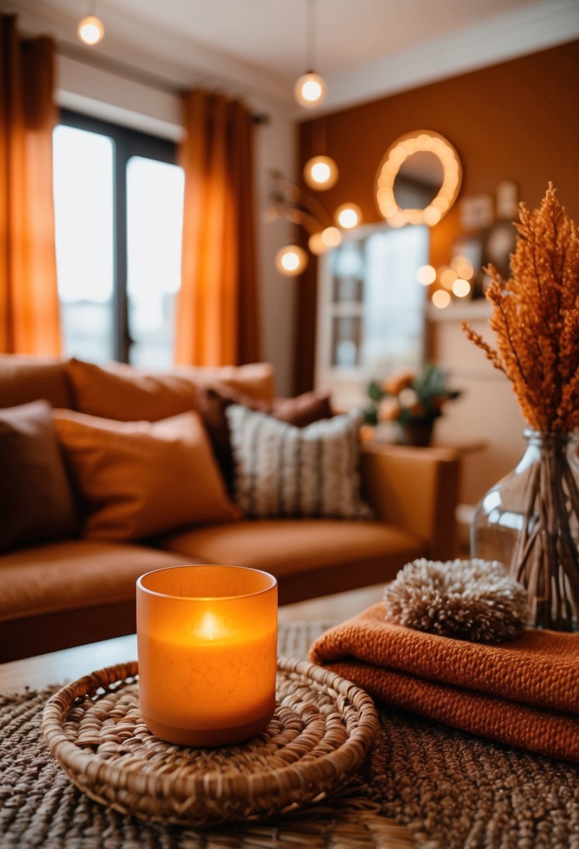 A cozy, charming scene with warm orange and rich chocolate tones, featuring decorative elements and cozy textiles in the same color palette