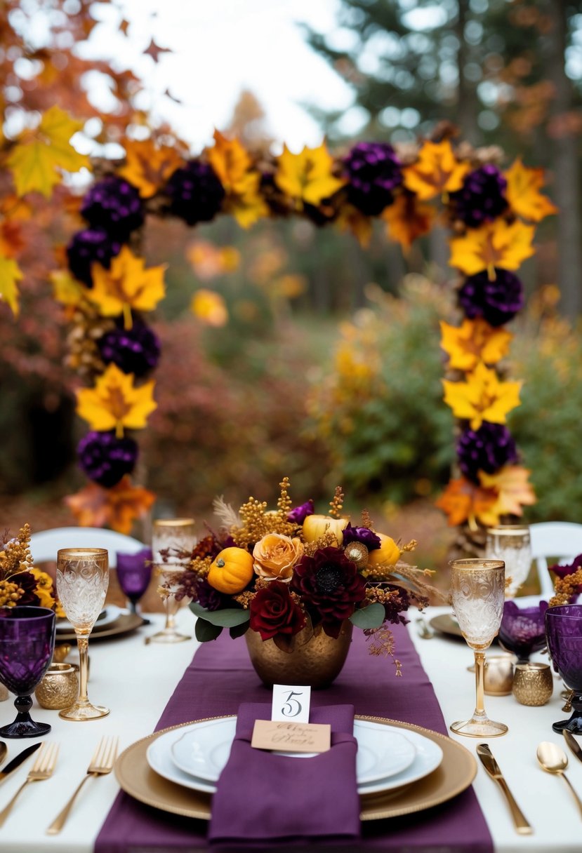 A rustic fall wedding scene with deep purple and gold decor, set against a backdrop of colorful autumn leaves and a cozy outdoor setting