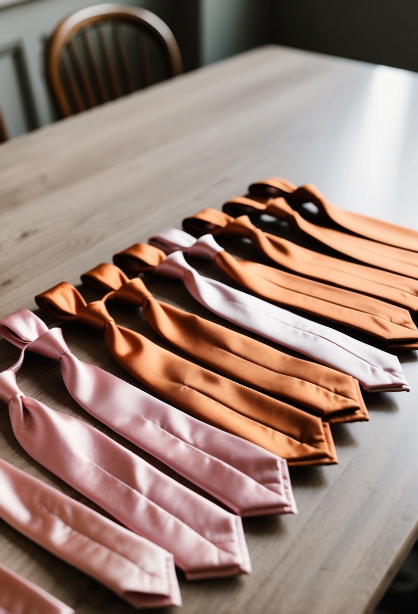 A group of groomsmen ties in burnt orange and blush pink, arranged neatly on a table