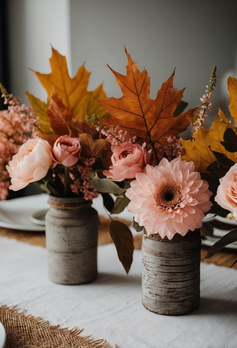 Autumn leaves and blush pink flowers arranged in rustic centerpieces