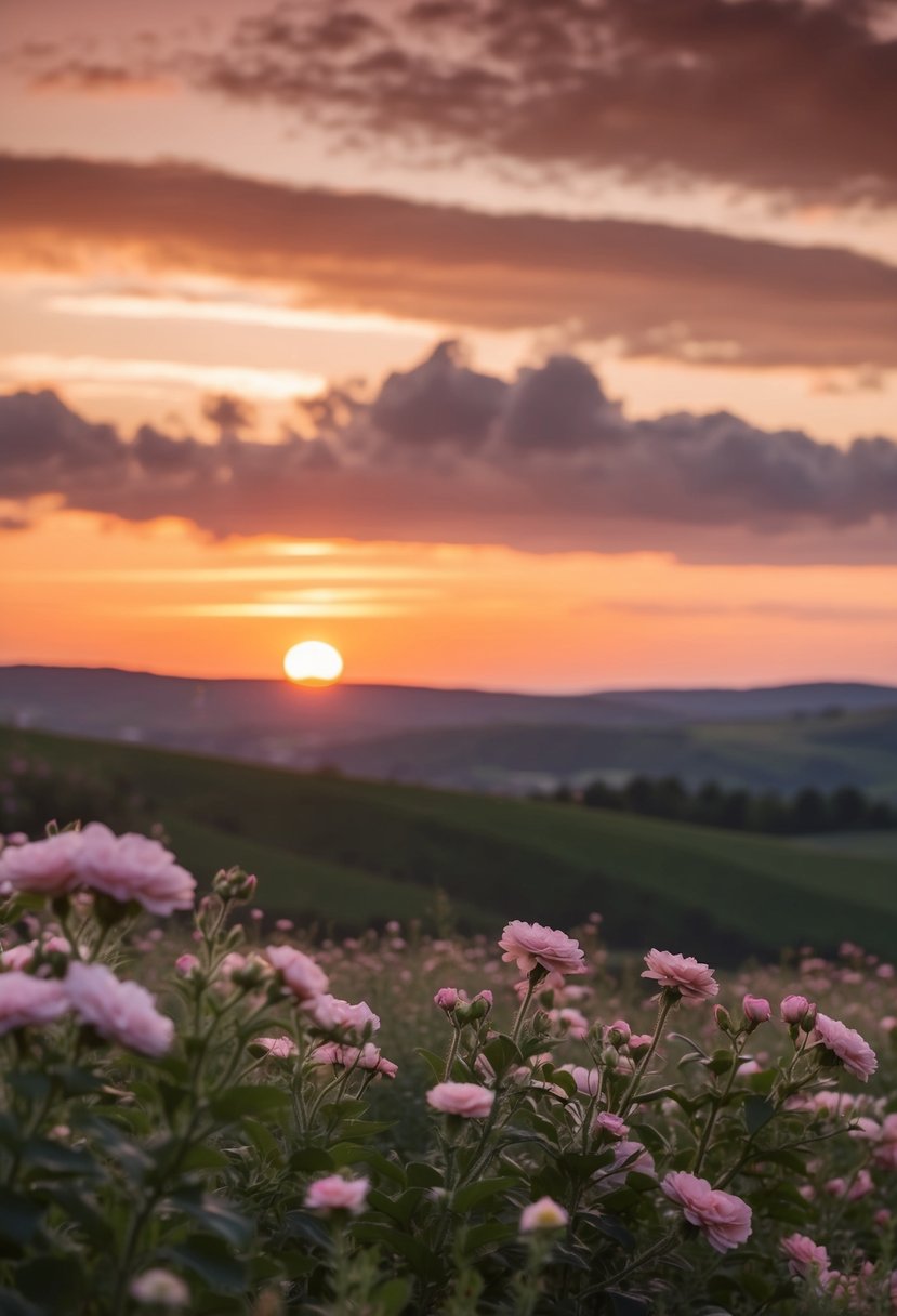 A terracotta and rosey sunset casts a warm glow over a serene landscape of rolling hills and blooming flowers