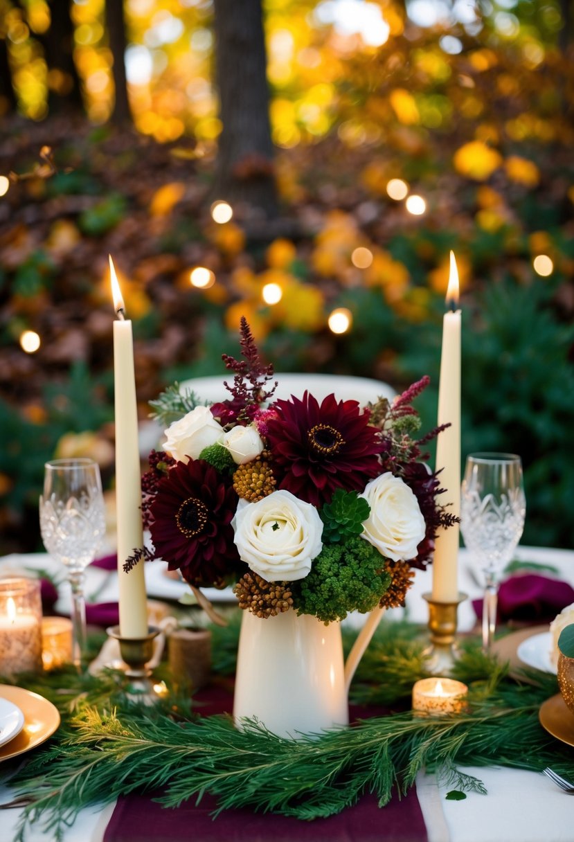 A rustic fall wedding scene with burgundy, cream, and green decor, set against a backdrop of autumn foliage and cozy candlelight