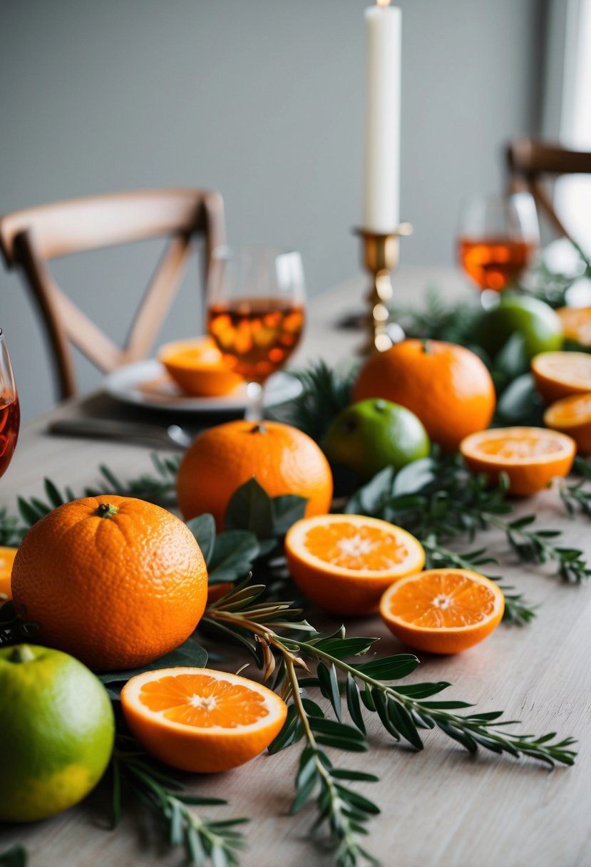 A table set with citrus fruits, greenery, and orange decor