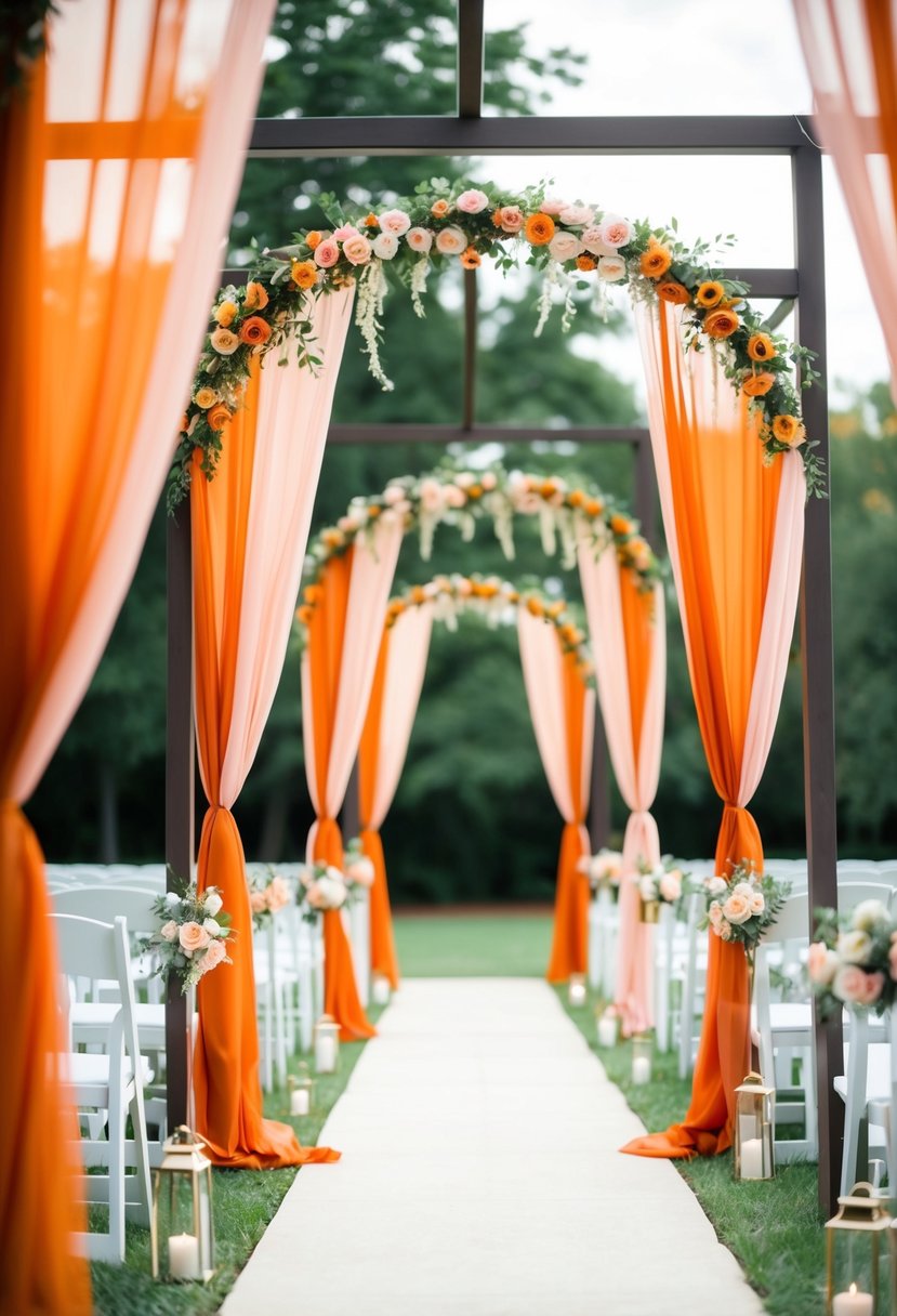 A row of ceremony arches adorned with burnt orange and blush pink draped fabric