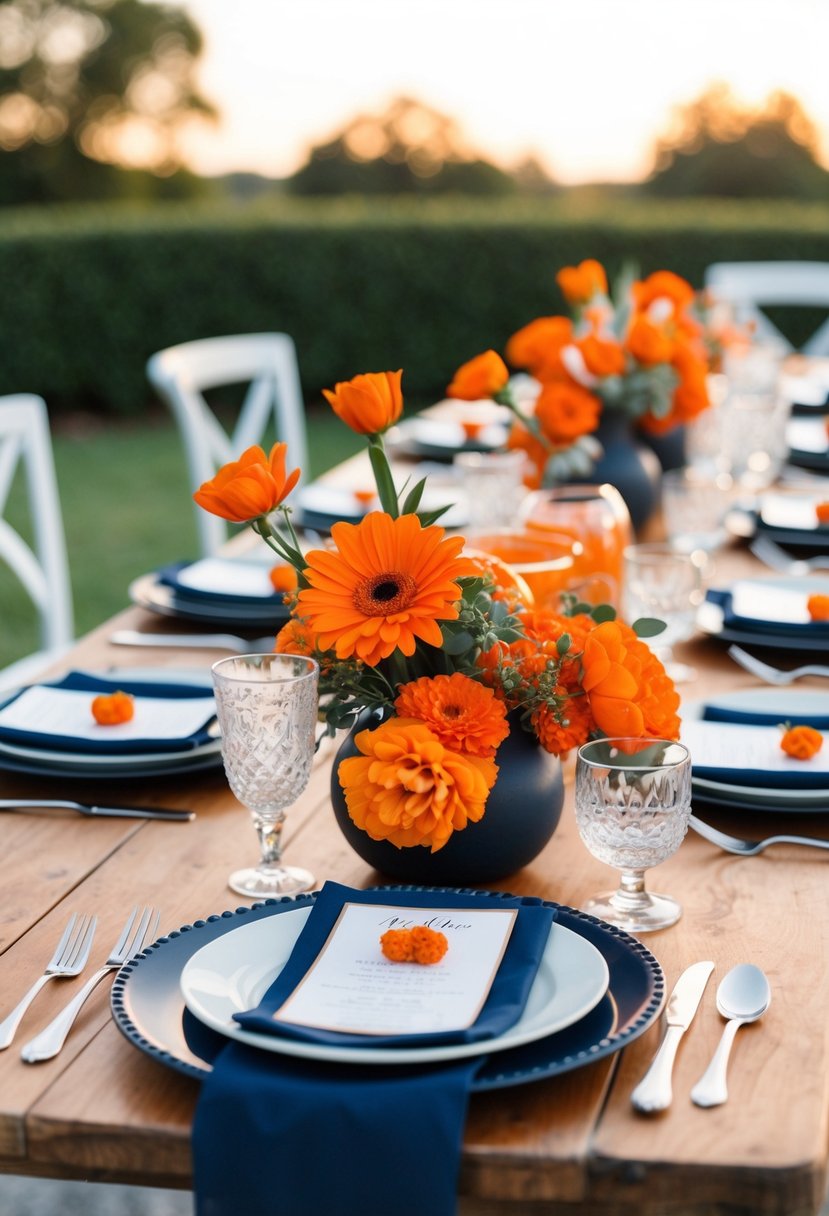 A rustic orange and navy wedding table setting with orange flowers and navy accents