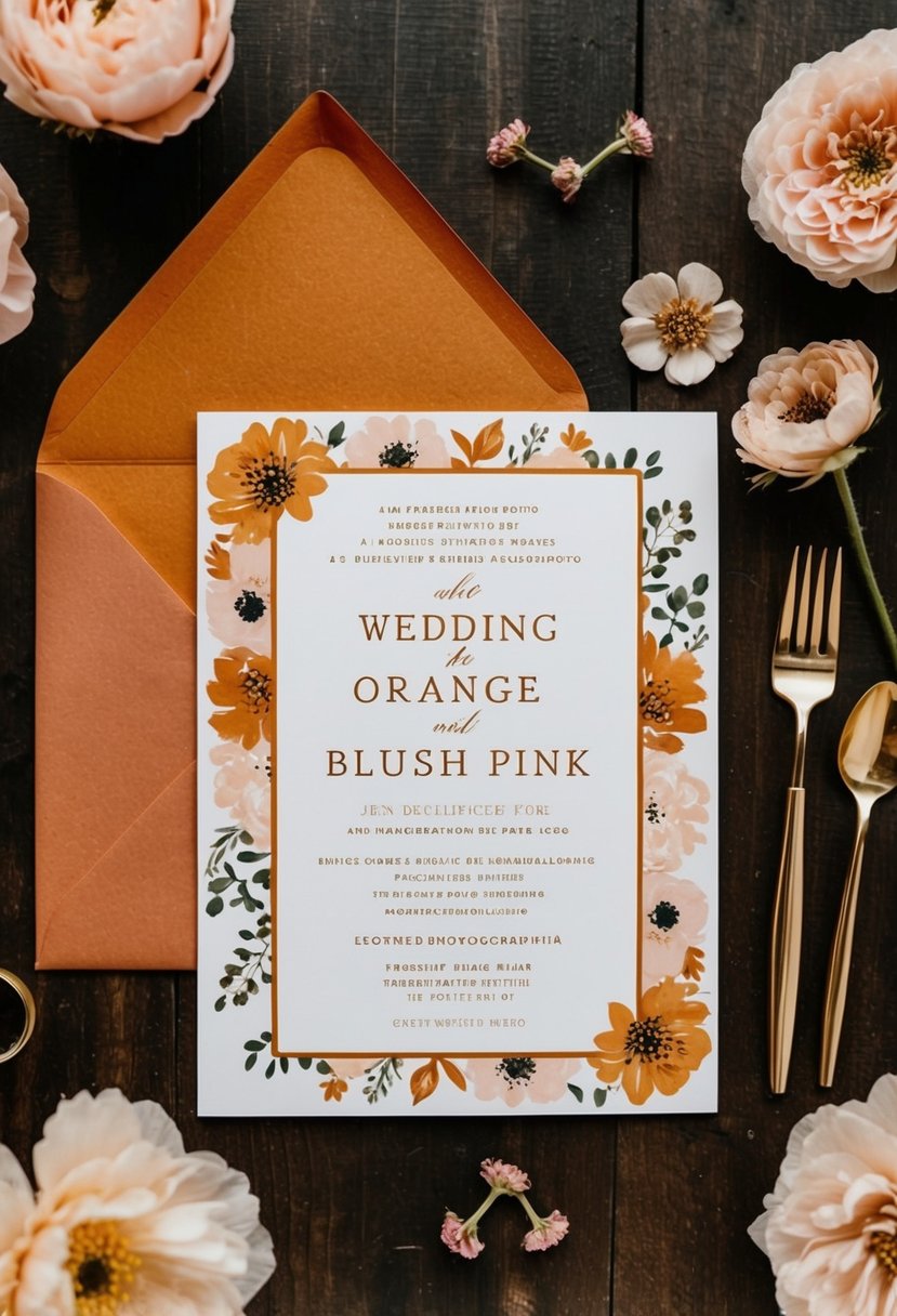 A rustic wedding invitation suite with burnt orange and blush pink color scheme, featuring floral motifs and elegant typography