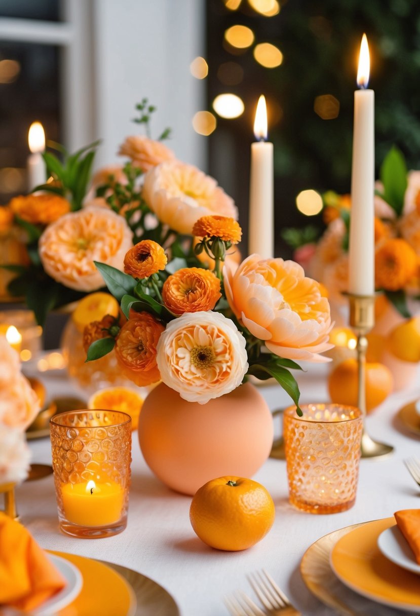 A soft orange soiree with peachy blooms, citrus accents, and golden candlelight