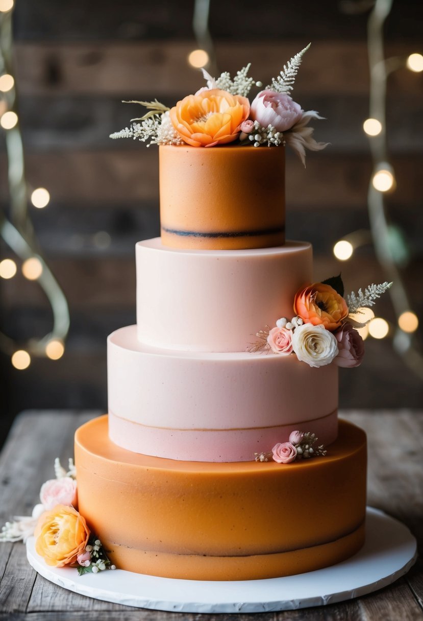 A tiered cake with burnt orange and blush pink fondant, adorned with delicate floral decorations