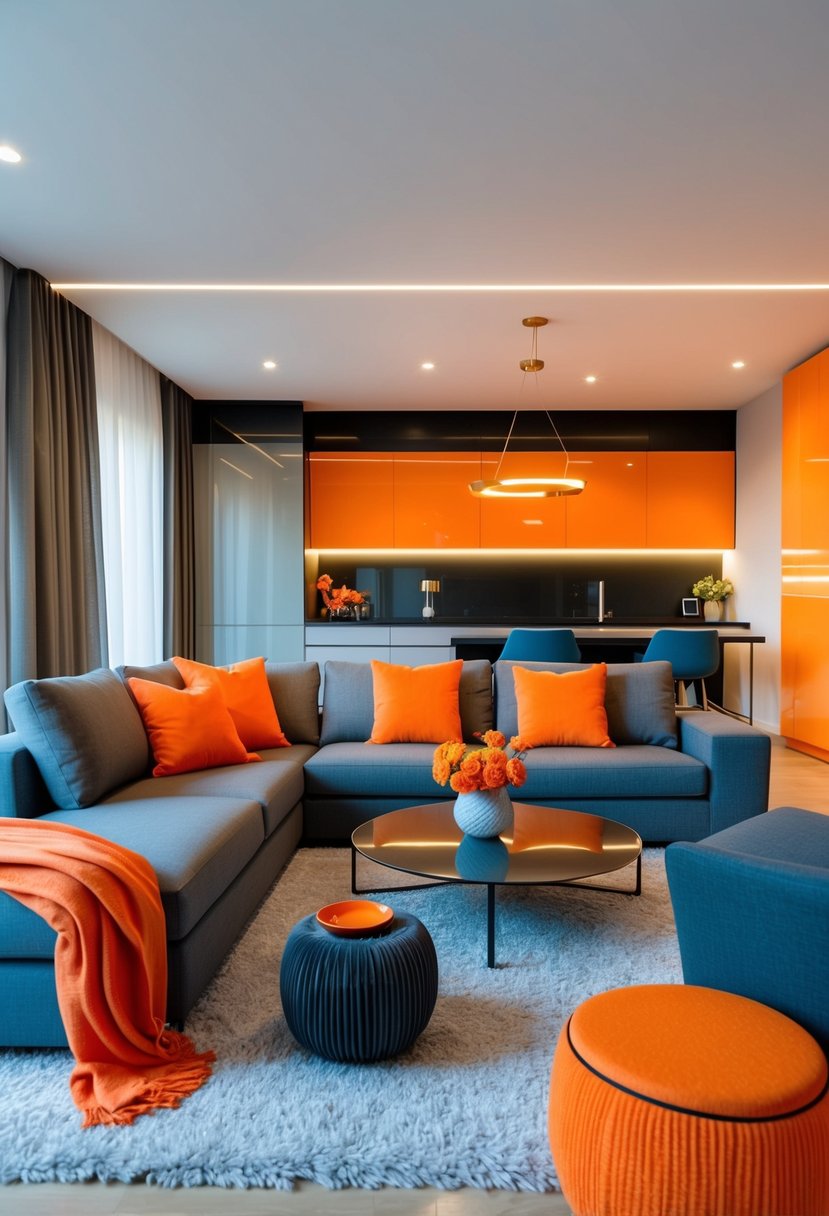 A sleek, modern living room with orange and grey furniture, accented with pops of bright orange decor and accessories