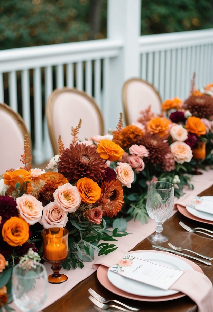 A table adorned with burnt orange and blush pink floral arrangements