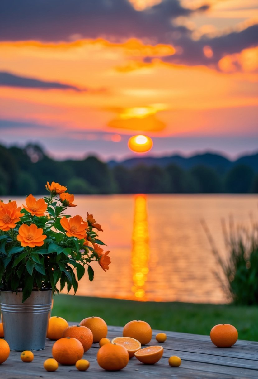 A vibrant orange sunset over a calm lake with blooming orange flowers and citrus fruits scattered on a wooden table