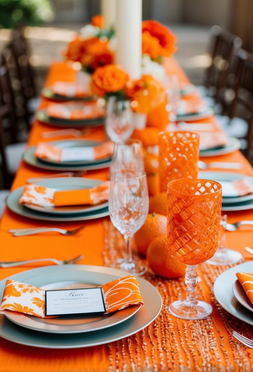 Vibrant tangerine orange and mixed patterns in wedding decor