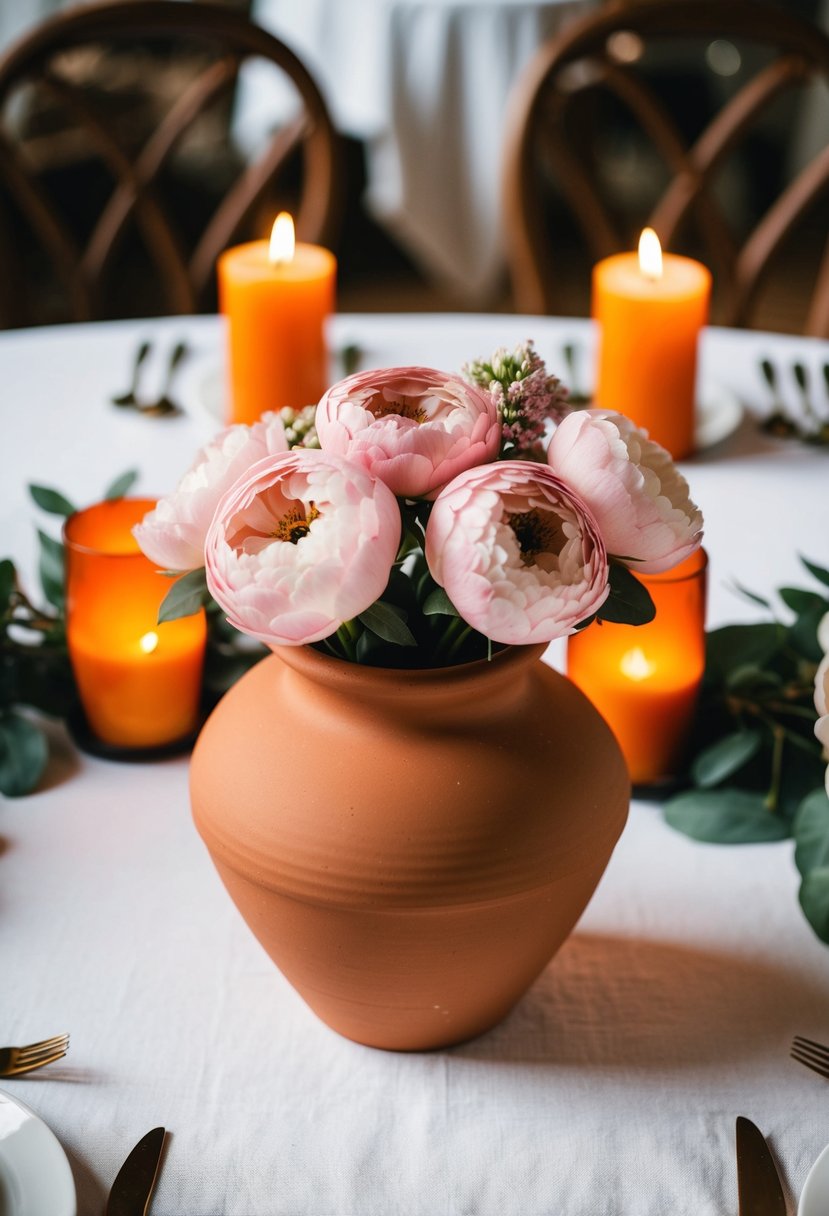 A terracotta vase filled with blush pink flowers sits on a white tablecloth, surrounded by burnt orange candles and white decorative accents