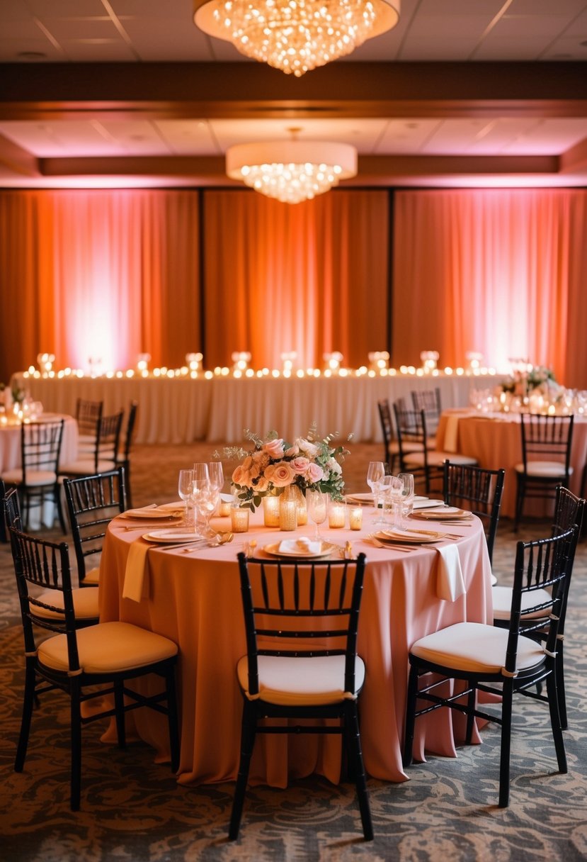 The reception hall is bathed in warm, burnt orange and blush pink lighting, creating a cozy and romantic ambience for a wedding celebration