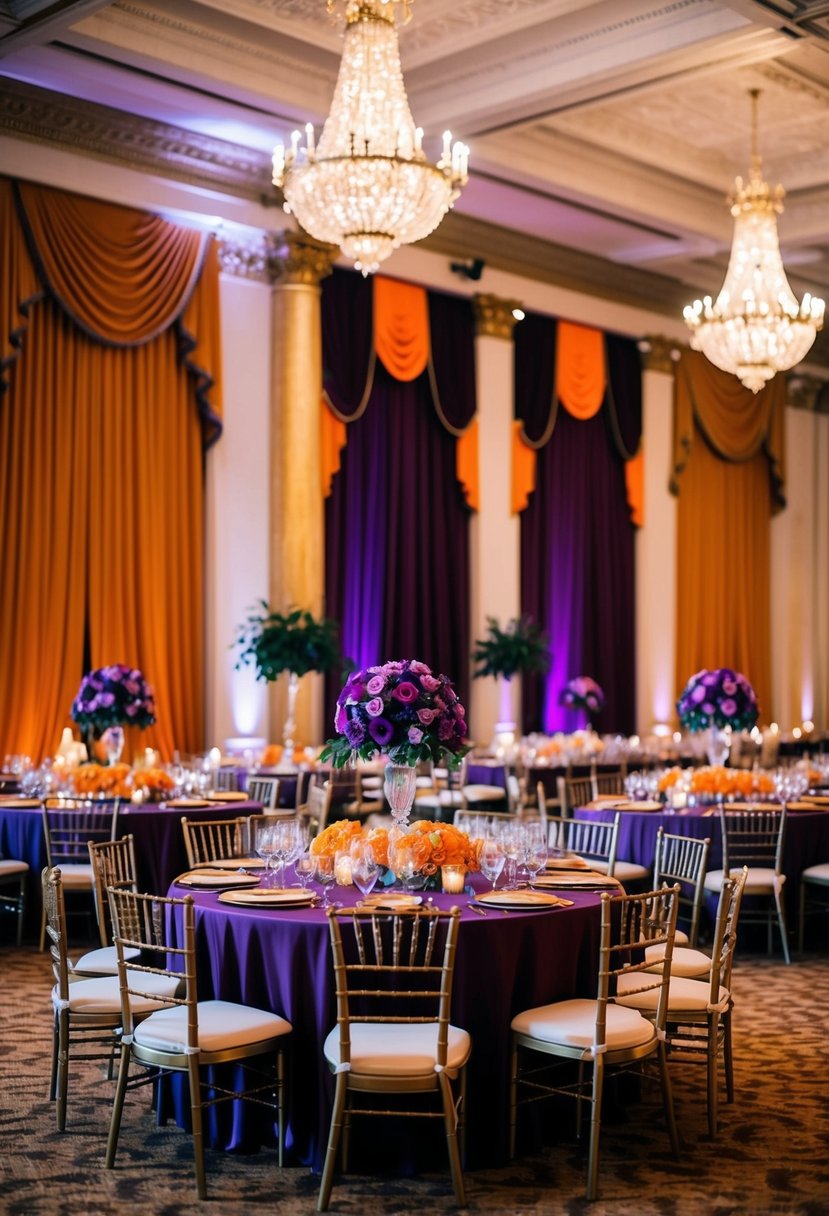 A grand ballroom with orange and purple floral centerpieces, regal velvet drapes, and gold accents