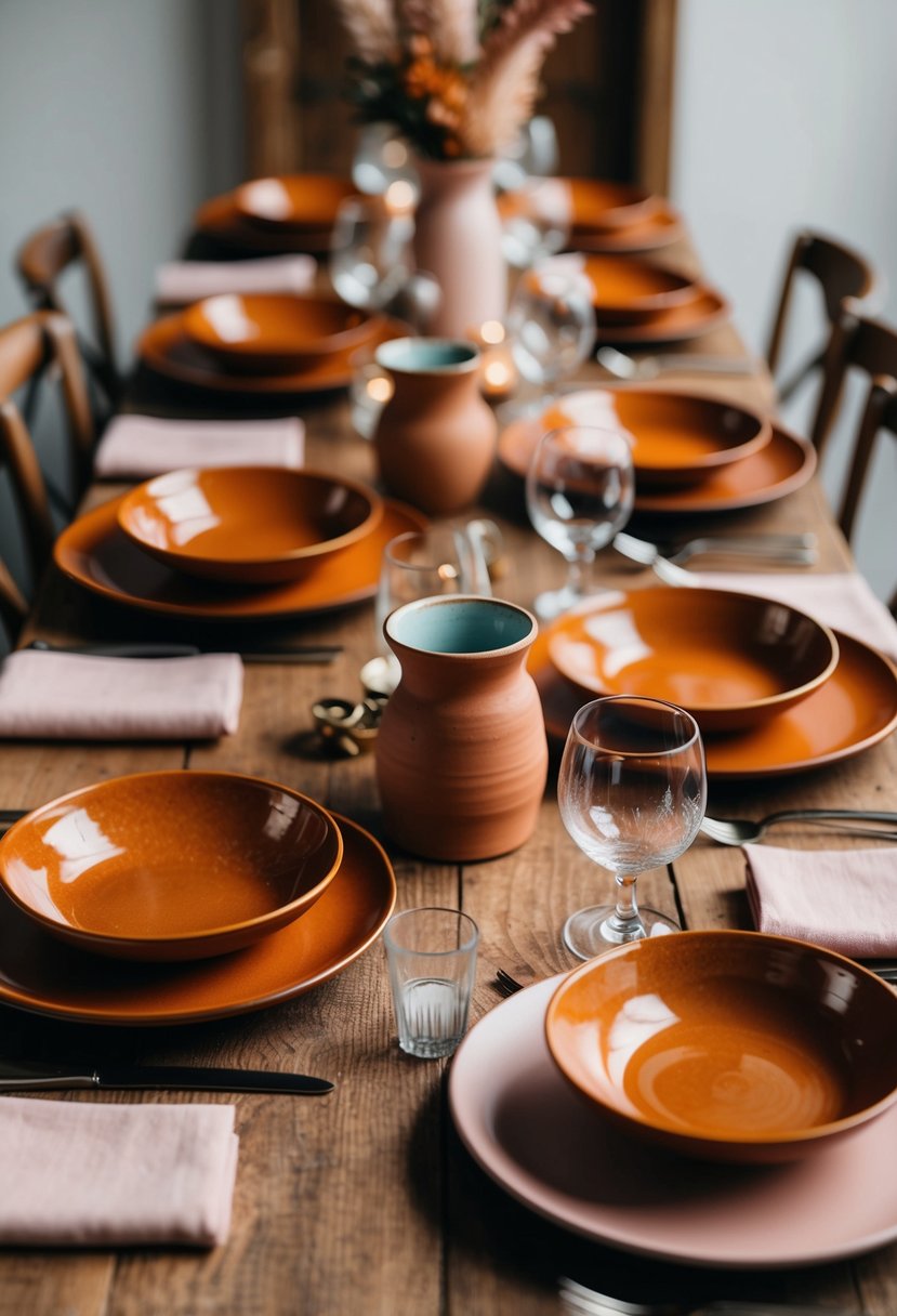 A rustic table setting with earthy-toned ceramic tableware in burnt orange and blush pink, creating a warm and inviting ambiance for a wedding celebration