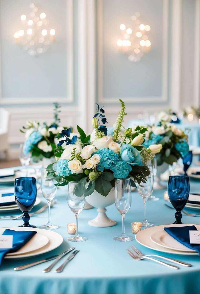 A light cyan and navy blue wedding scene with floral centerpieces and elegant place settings