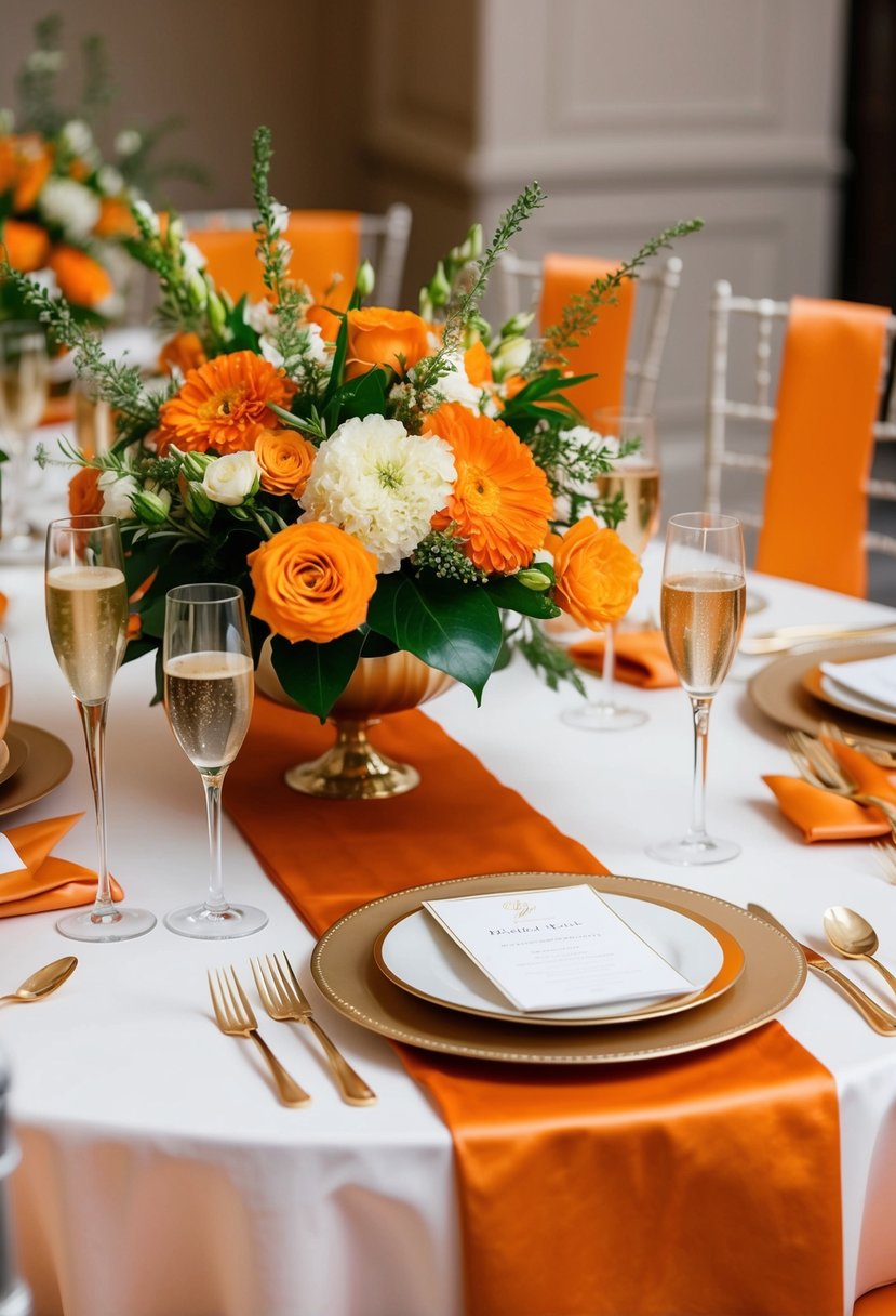 A luxurious table setting with champagne and orange floral centerpieces and elegant orange table linens