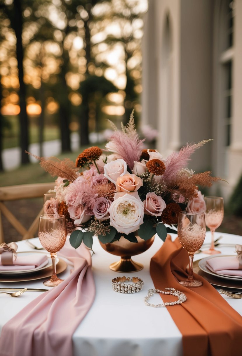 A table adorned with dusty pink, burnt orange, and blush pink bridal accessories, such as flowers, ribbons, and jewelry