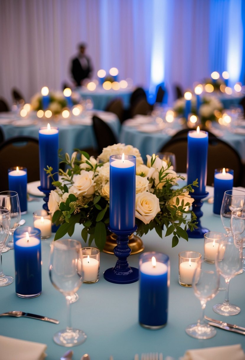 Light cyan table centerpieces with navy candles illuminate a wedding reception, creating a serene and elegant atmosphere