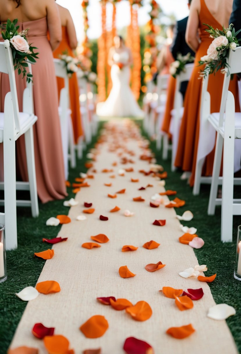 A wedding aisle lined with soft petals in burnt orange and blush pink